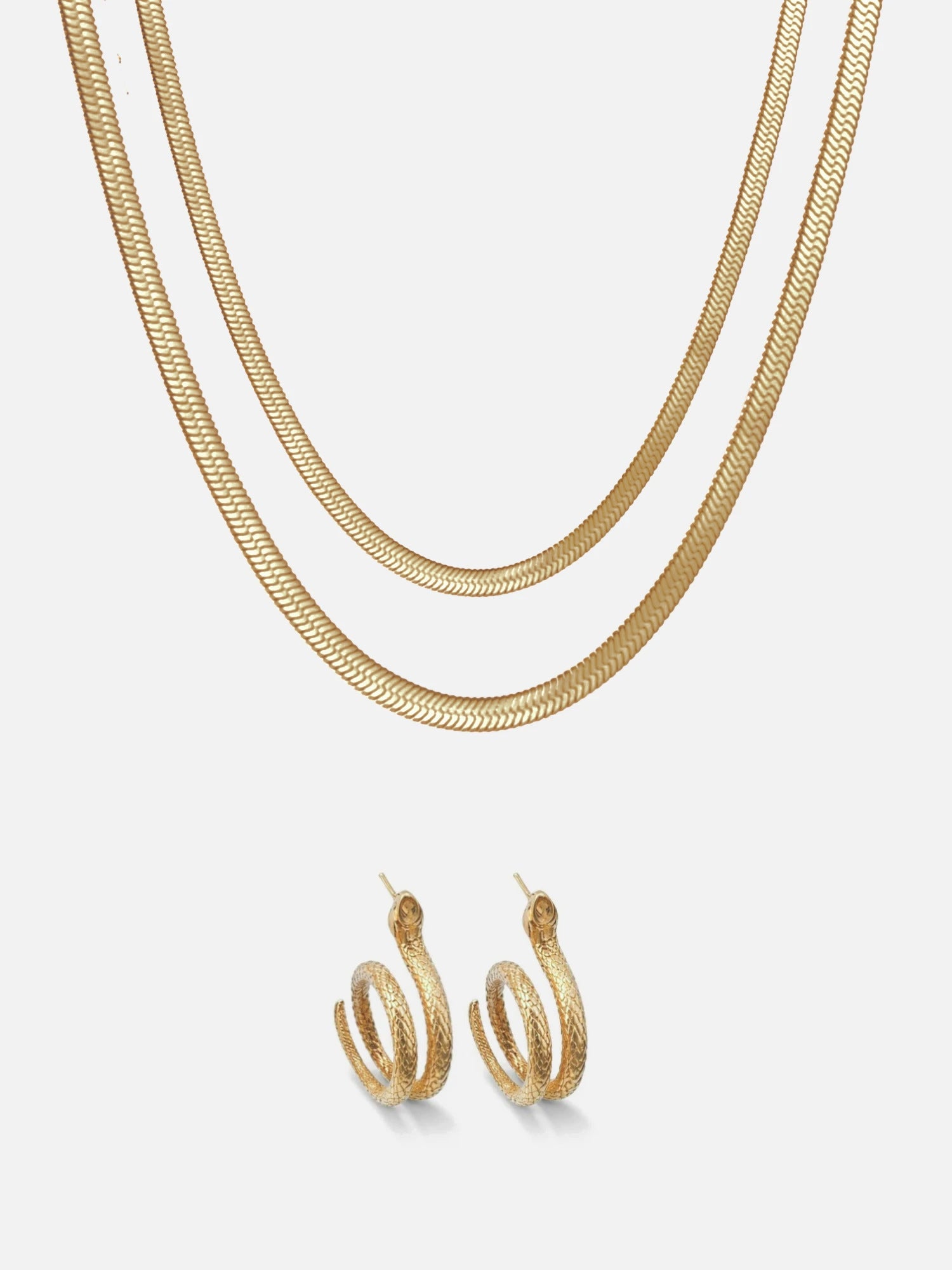 Sardinia Serpent Set in gold: two layered serpent chains with matching serpent hoop earrings