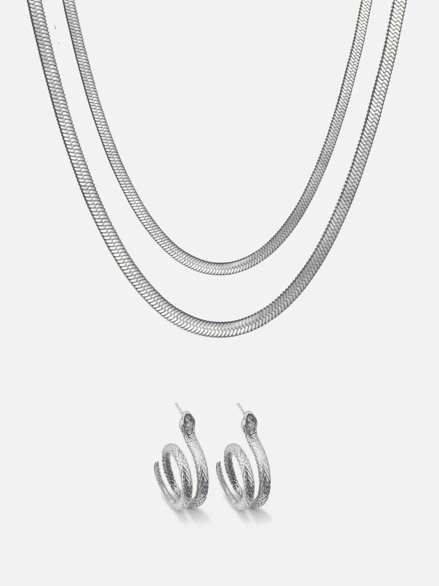 Sardinia Serpent Set in silver: two layered serpent chains with matching serpent hoop earrings